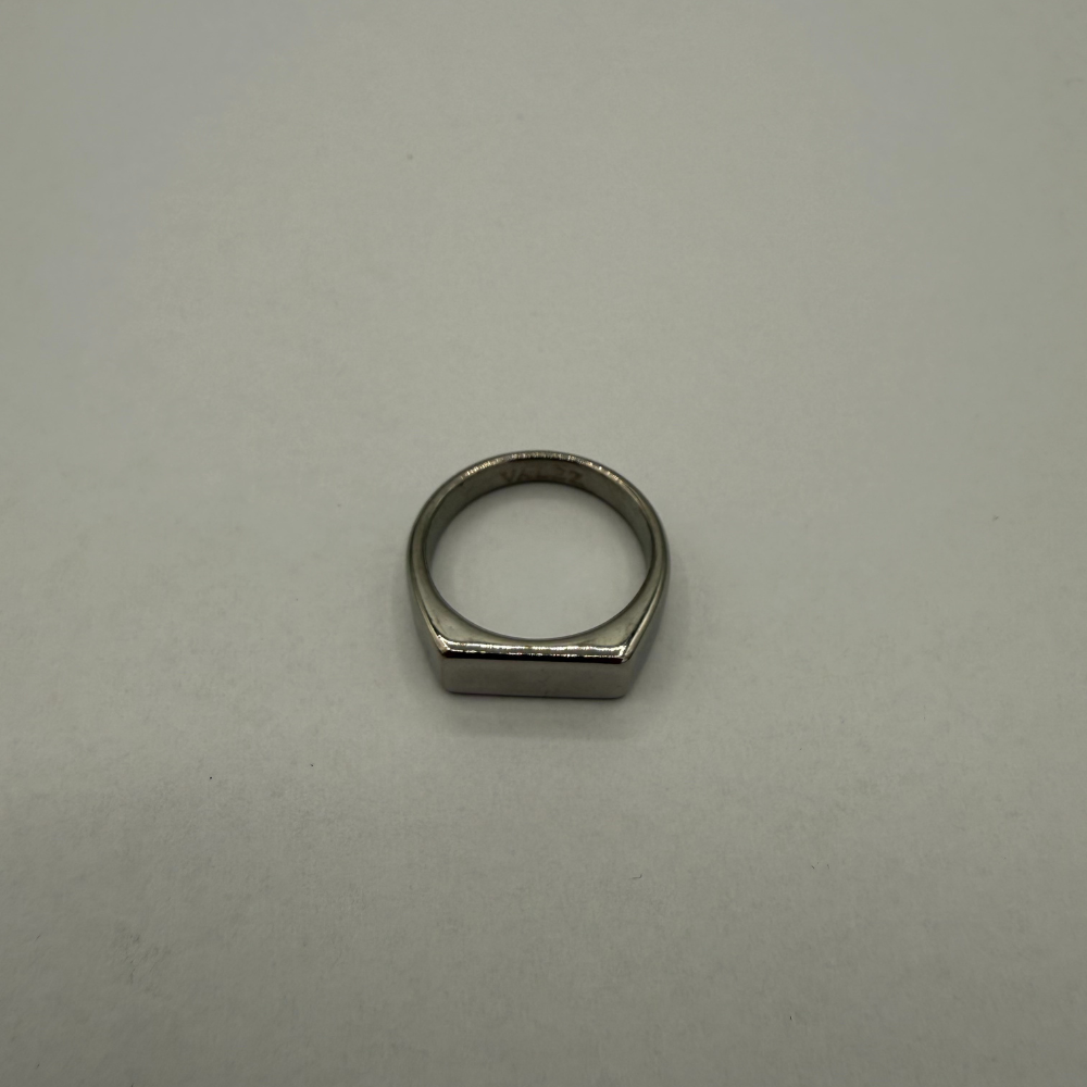 Stainless steel ring on a light gray background