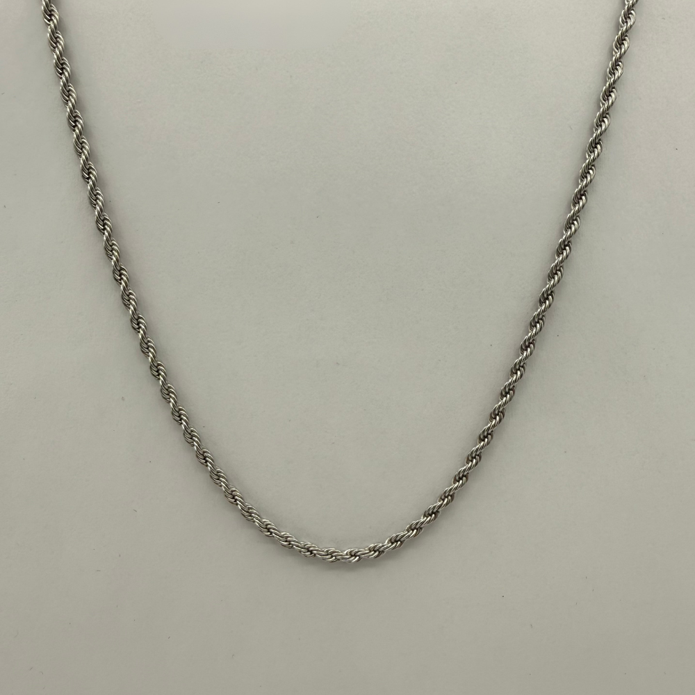 Stainless steel rope chain on a light gray background